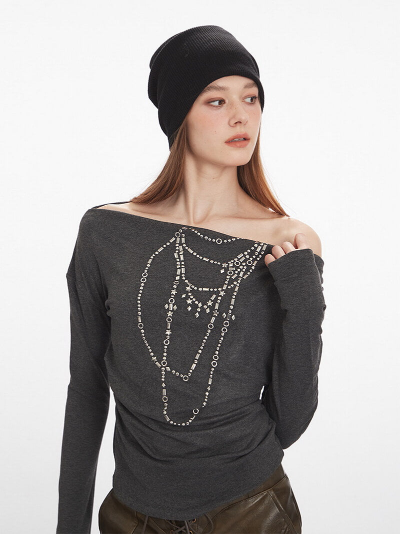 NURO Women's Neckline Print Boat Neck Long Sleeve Crop Top, Slim Fit Glitter T-Shirt