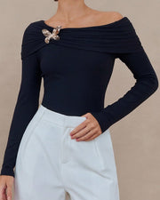 NURO Women's Off-Shoulder Butterfly Brooch Long Sleeve Top