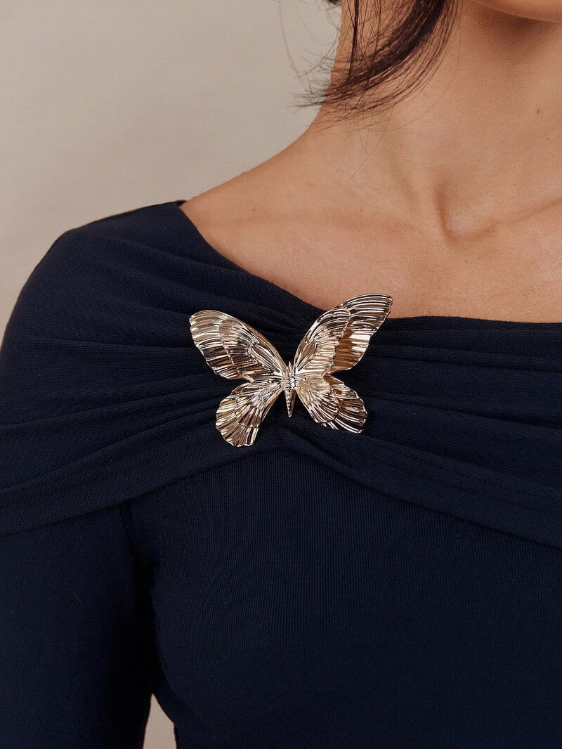 NURO Women's Off-Shoulder Butterfly Brooch Long Sleeve Top