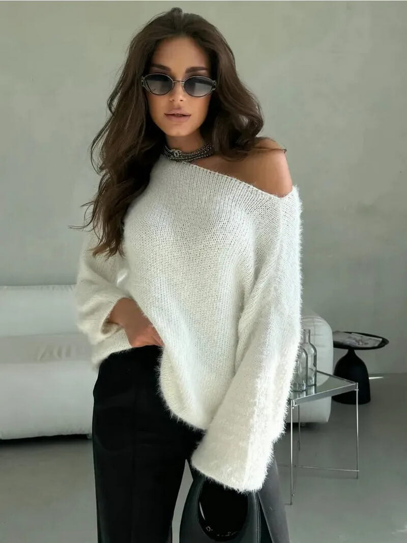 NURO Women's Off-Shoulder Faux Fur Trim Knit Sweater, Loose Fit Pullover Top