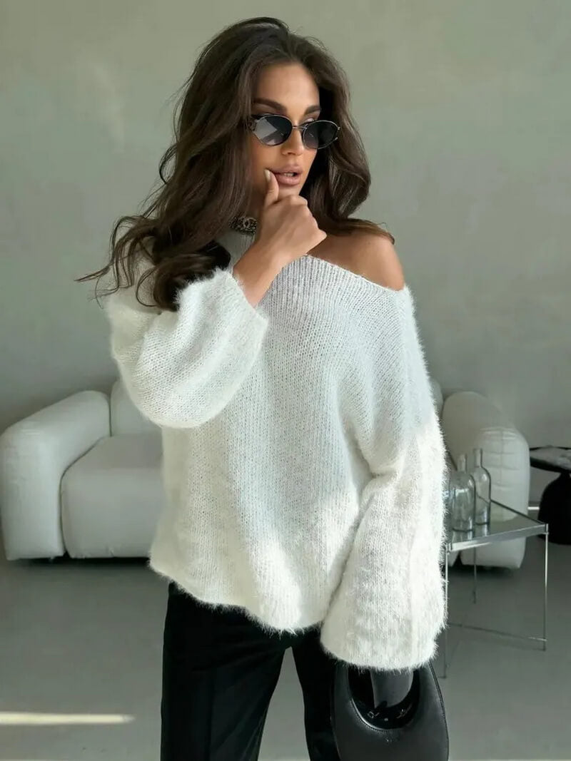 NURO Women's Off-Shoulder Faux Fur Trim Knit Sweater, Loose Fit Pullover Top