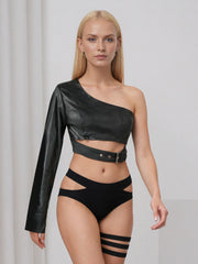 NURO Women's Off-Shoulder Faux Leather Jacket, Asymmetrical Cropped Rocker Style Coat