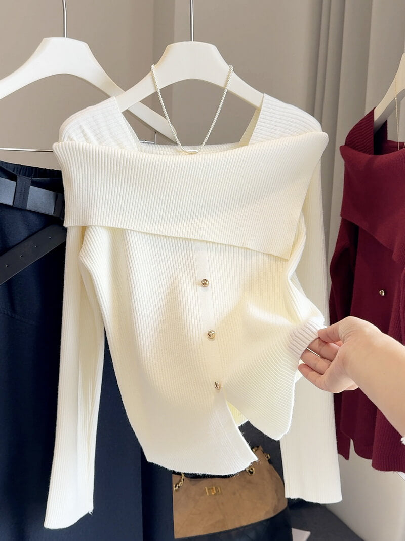 NURO Women's Off-Shoulder Knit Top, French Style Slim Fit Long Sleeve Shirt for Casual and Chic Looks