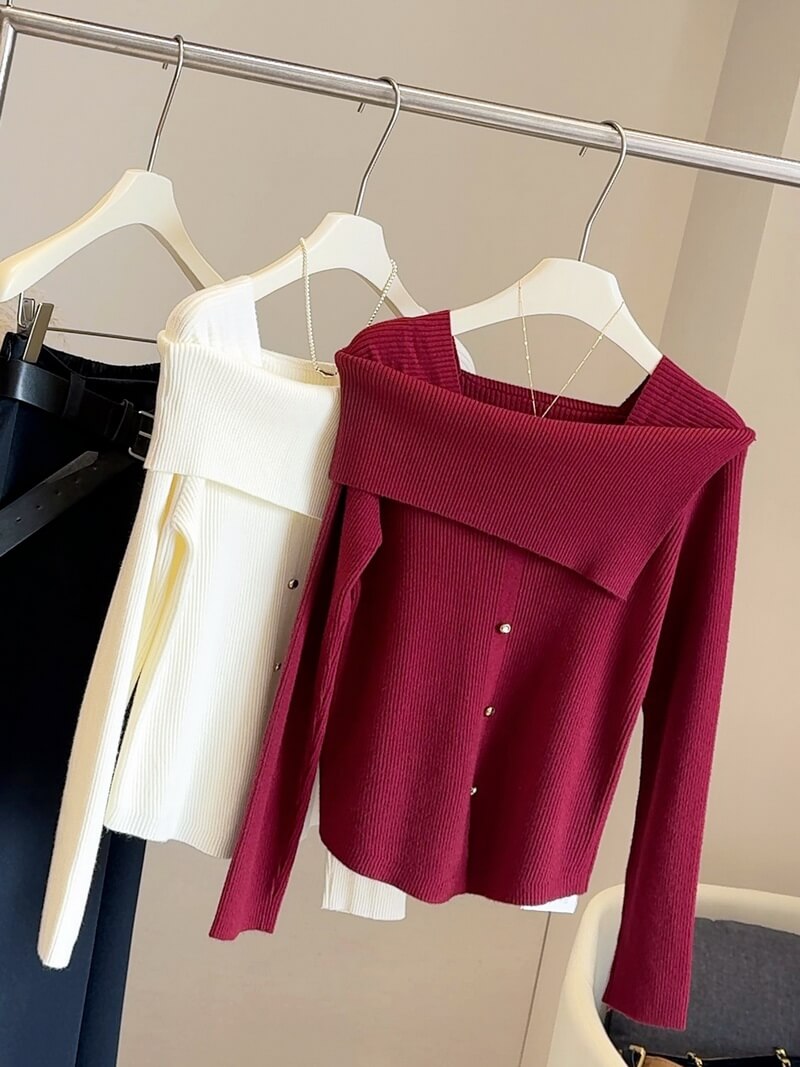 NURO Women's Off-Shoulder Knit Top, French Style Slim Fit Long Sleeve Shirt for Casual and Chic Looks