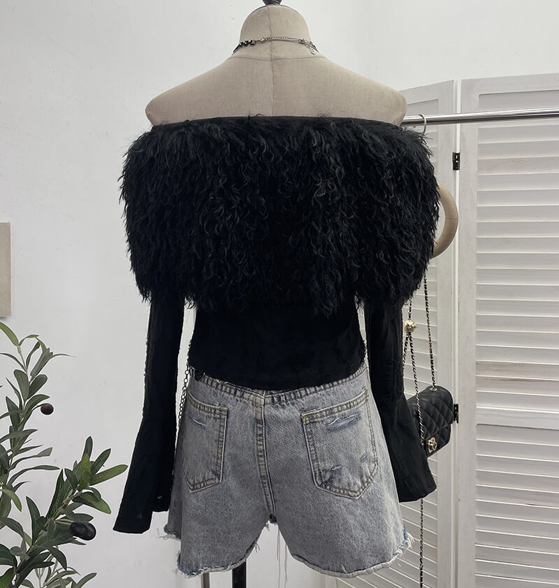 NURO Women's Off-Shoulder Knit Top, Long Sleeve Distressed Cropped Sweater with Bell Sleeves, Bodycon Sexy Casual Shirt