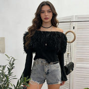 NURO Women's Off-Shoulder Knit Top, Long Sleeve Distressed Cropped Sweater with Bell Sleeves, Bodycon Sexy Casual Shirt