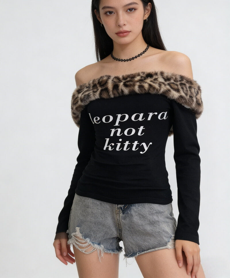 NURO Women's Off-Shoulder Long Sleeve Top, Removable Faux Fur Collar Animal Print Bodycon Shirt, Sexy Cropped T-Shirt