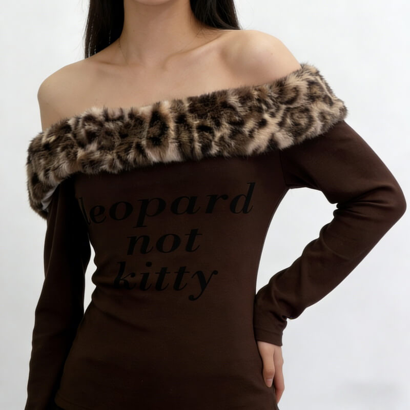 NURO Women's Off-Shoulder Long Sleeve Top, Removable Faux Fur Collar Animal Print Bodycon Shirt, Sexy Cropped T-Shirt
