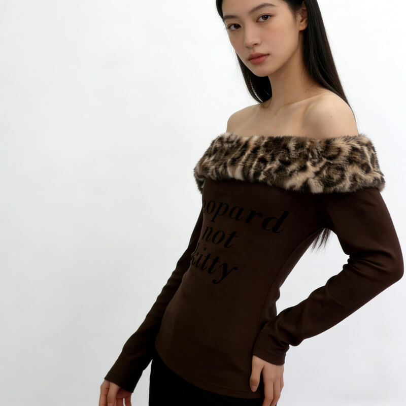 NURO Women's Off-Shoulder Long Sleeve Top, Removable Faux Fur Collar Animal Print Bodycon Shirt, Sexy Cropped T-Shirt