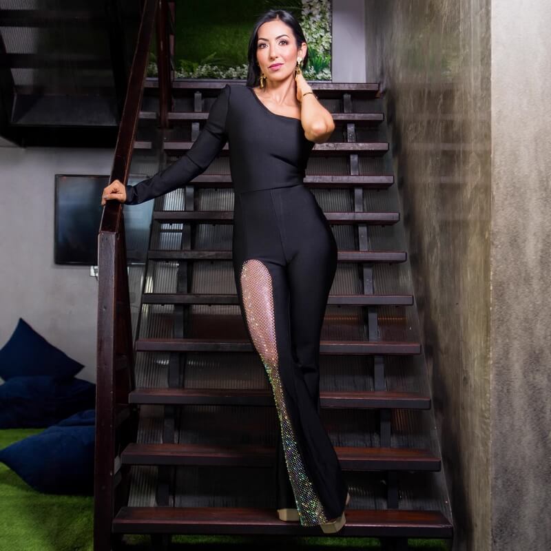 NURO Women's Off-Shoulder Mesh Jumpsuit, Wide-Leg Rhinestone Embellished Romper