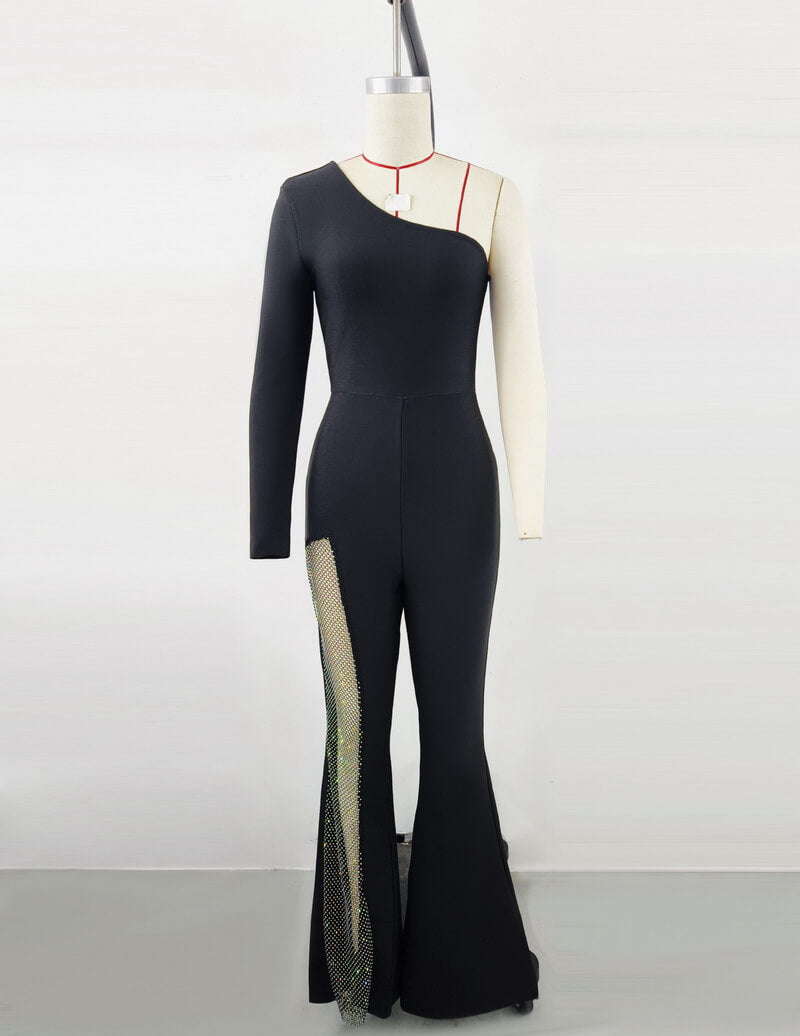 NURO Women's Off-Shoulder Mesh Jumpsuit, Wide-Leg Rhinestone Embellished Romper