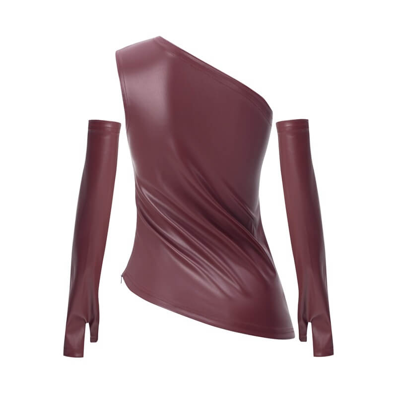 NURO Women's Off-Shoulder PU Leather Sleeve Top - Asymmetric Cropped Cami with Detachable Sleeves, Streetwear Crop Top