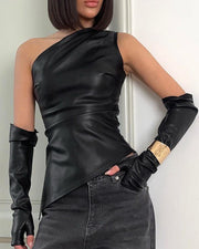 NURO Women's Off-Shoulder PU Leather Sleeve Top - Asymmetric Cropped Cami with Detachable Sleeves, Streetwear Crop Top