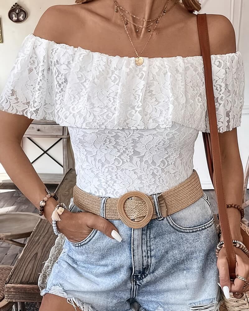 NURO Women's Off-Shoulder Ruffle Trim Lace Crop Top