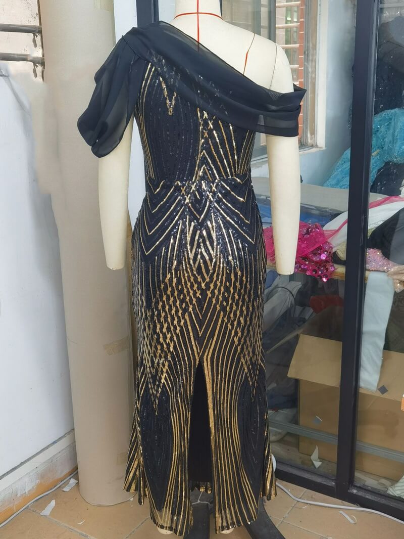 NURO Women's One Shoulder Sequin Chiffon Maxi Dress - Asymmetric Evening Gown with Glitter Detail for Party and Formal Occasion