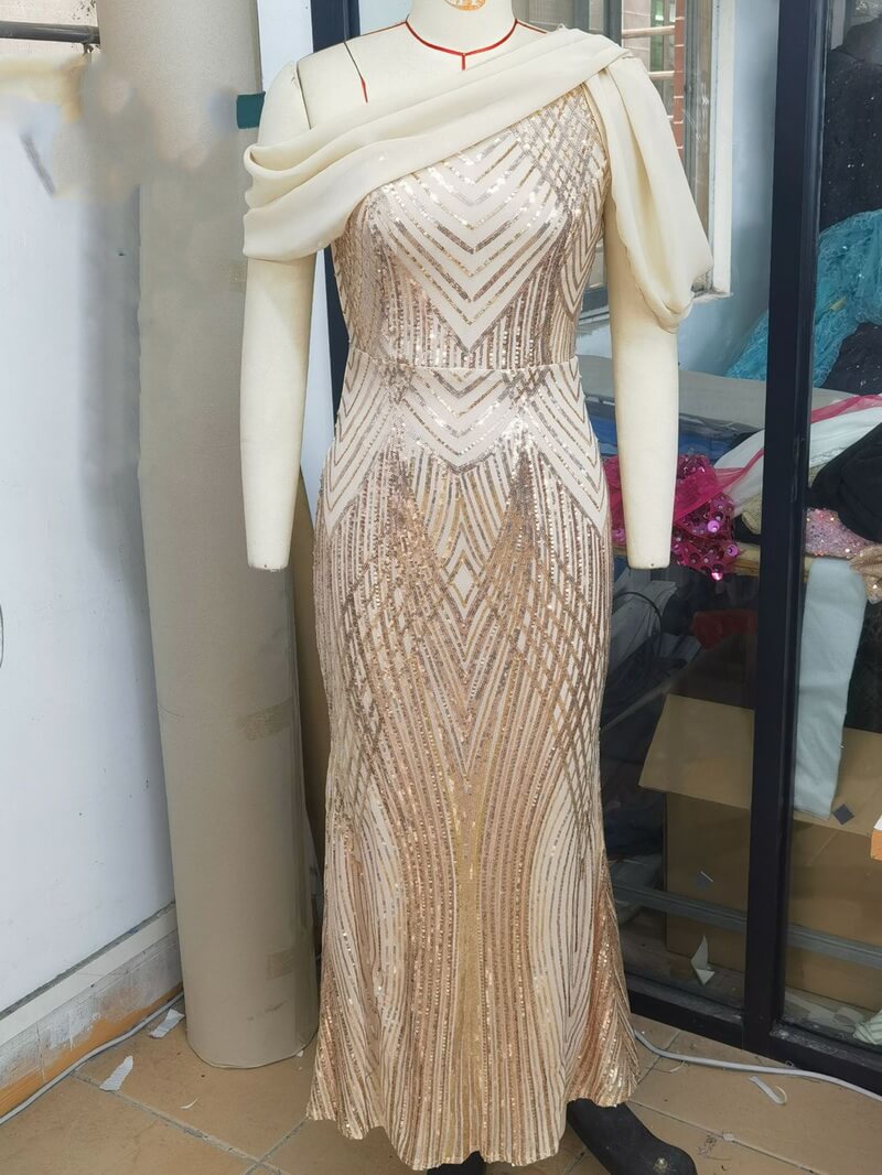 NURO Women's One Shoulder Sequin Chiffon Maxi Dress - Asymmetric Evening Gown with Glitter Detail for Party and Formal Occasion