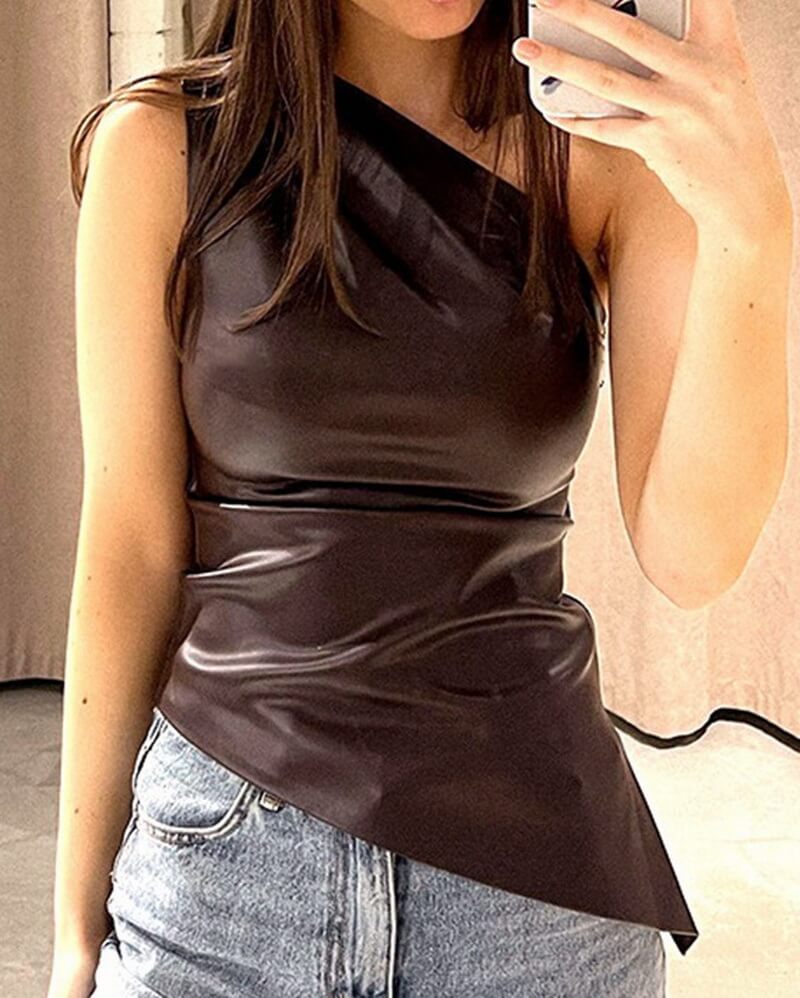 NURO Women's One Shoulder Sleeveless Top - Cropped Bodycon Tank with Zipper Detail, Streetwear Sexy Crop Top