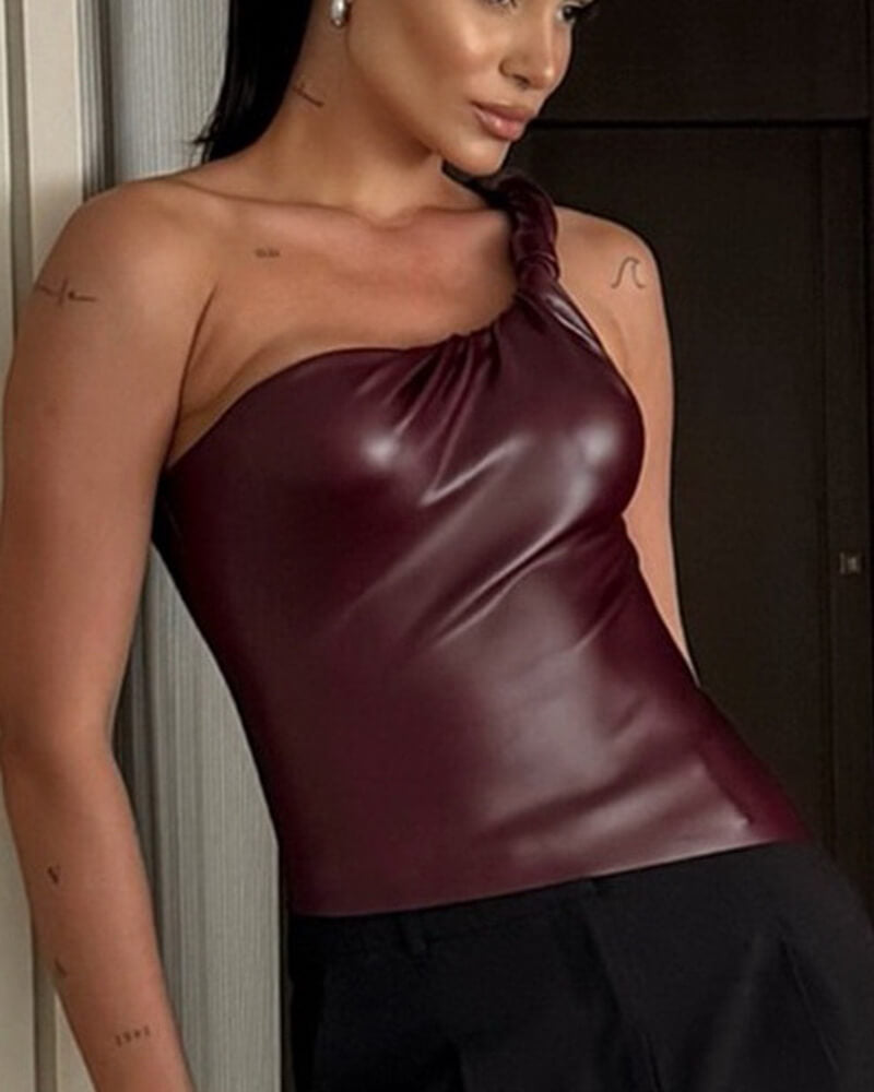 NURO Women's One Shoulder Twist Detail Top - Cropped Bodycon Cami with Back Cut-Out, Sexy Streetwear Crop Top