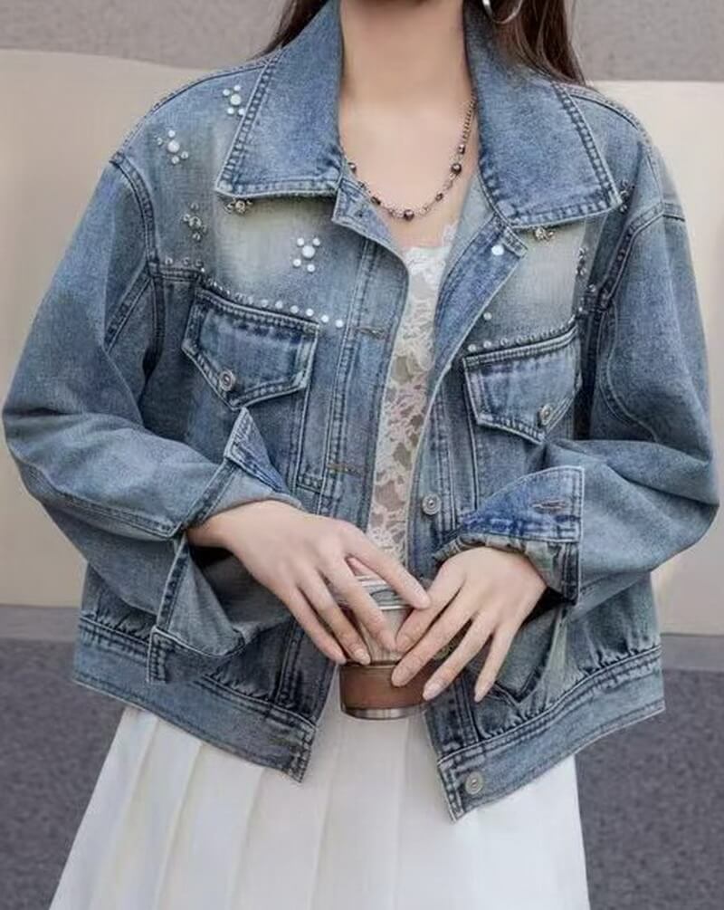 NURO Women's Oversized Denim Jacket with Pearl Embellishments