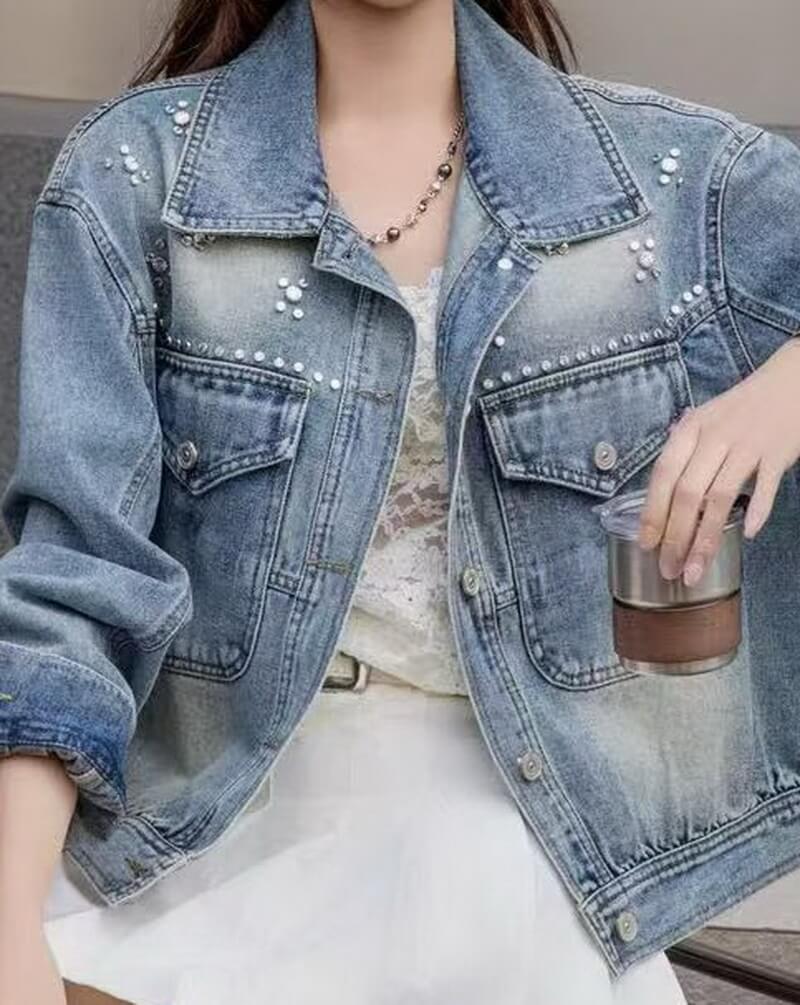 NURO Women's Oversized Denim Jacket with Pearl Embellishments