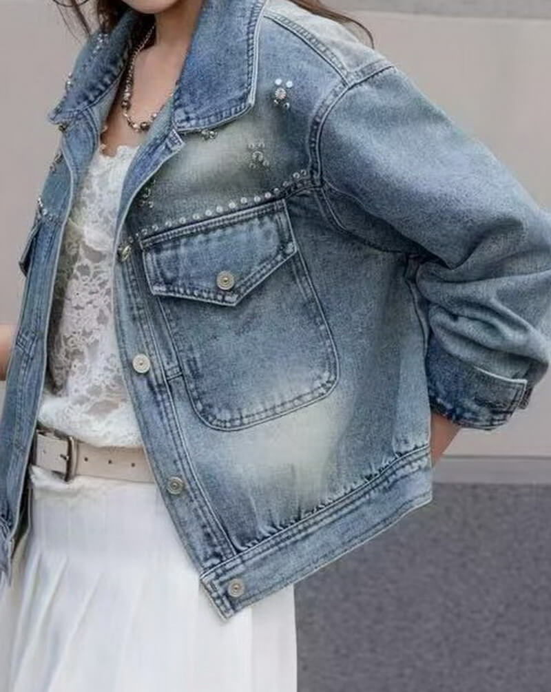 NURO Women's Oversized Denim Jacket with Pearl Embellishments