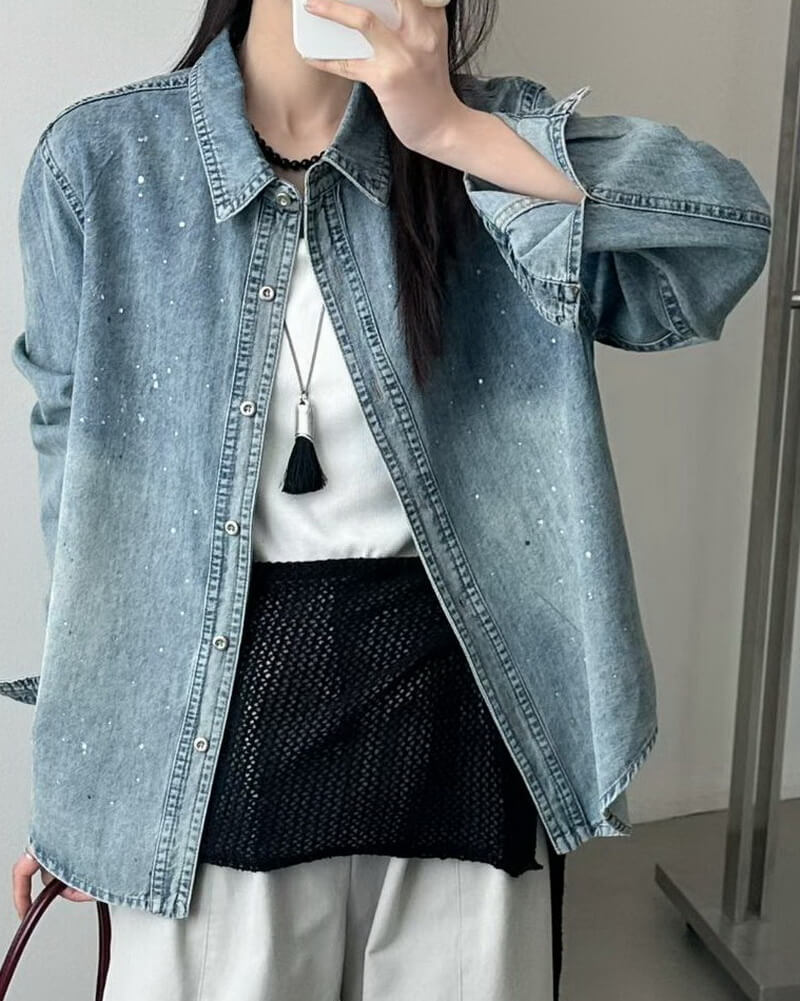 NURO Women's Oversized Denim Jacket with Splatter Print