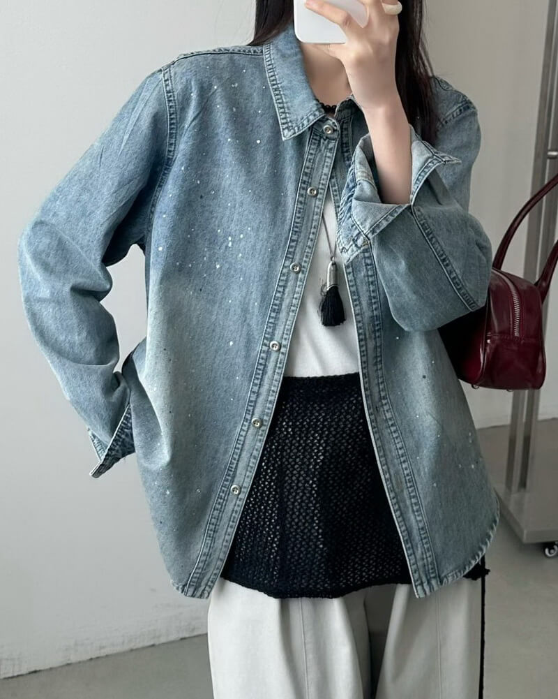 NURO Women's Oversized Denim Jacket with Splatter Print
