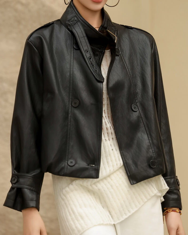 NURO Women's Oversized Leather Jacket Casual Stand Collar Coat