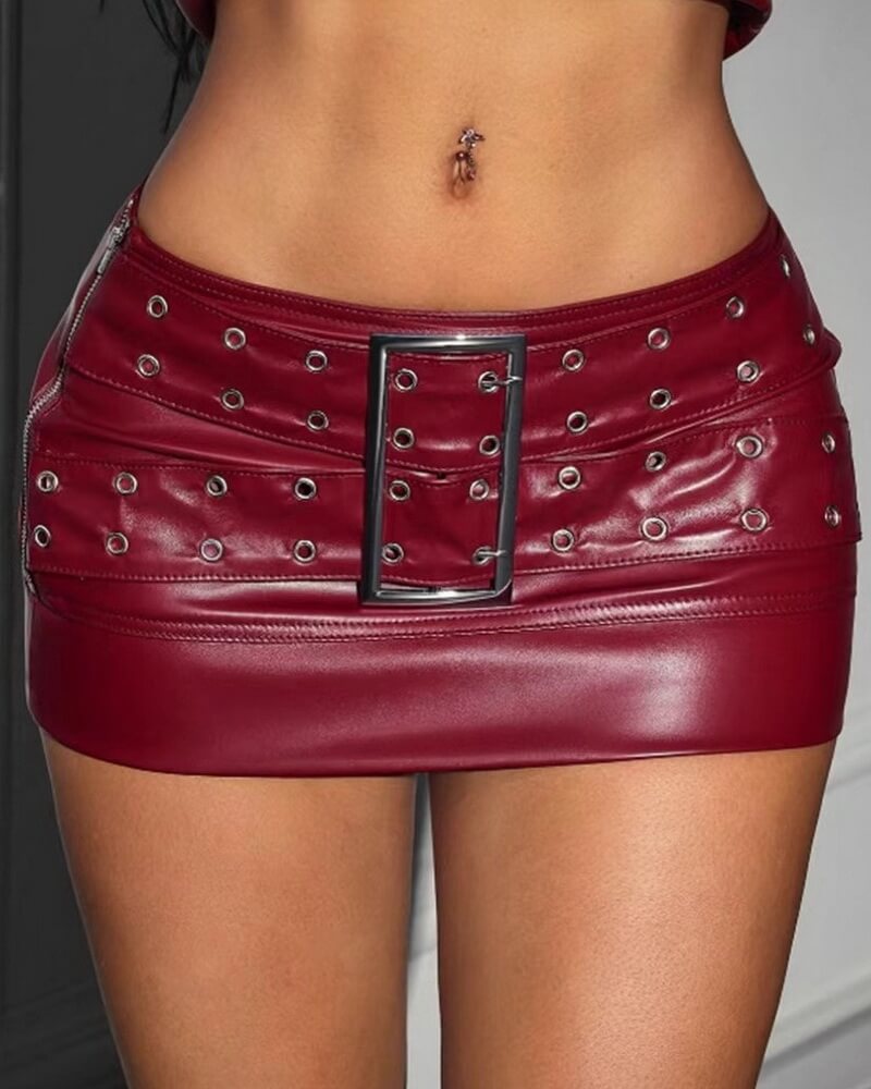 NURO Women's PU Leather Bodycon Mini Skirt - Buckle Detail Pencil Skirt, Streetwear Sexy Tight Fit Skirt