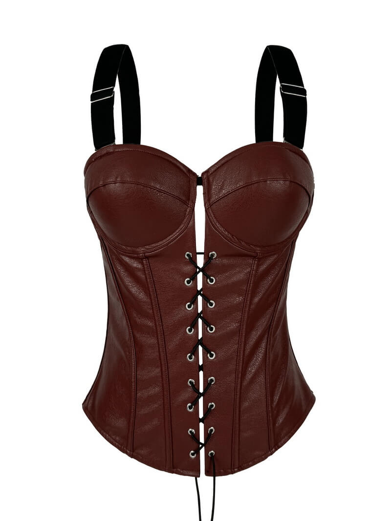NURO Women's PU Leather Bustier Top - Zipper & Lace-Up Corset with Removable Straps