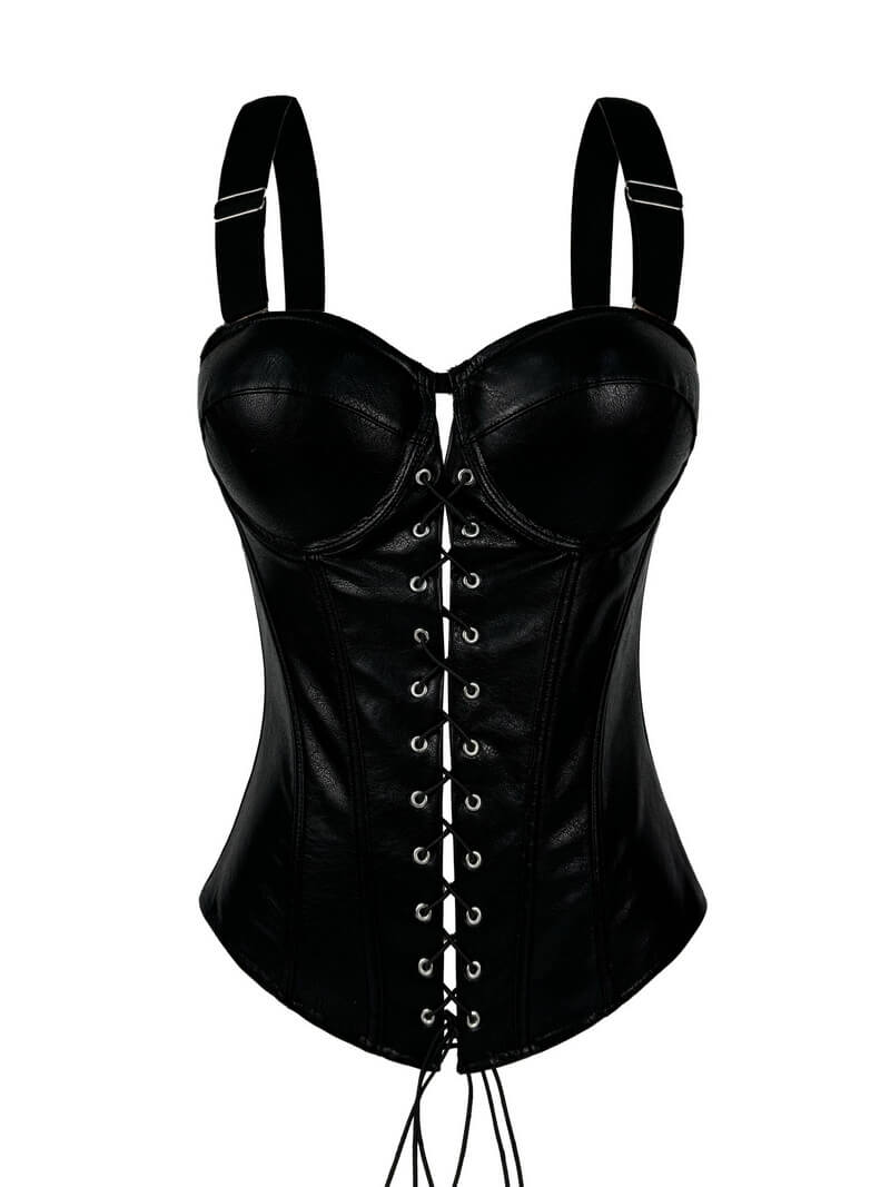 NURO Women's PU Leather Bustier Top - Zipper & Lace-Up Corset with Removable Straps