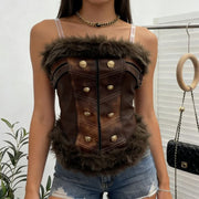 NURO Women's PU Leather Bustier Top, Strappy Detachable Corset Style Crop Top with Fur Trim, Slim Fit Sleeveless Vest