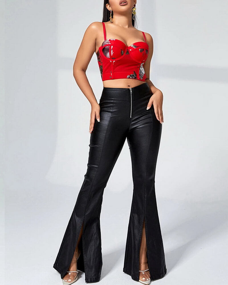 NURO Women's PU Leather Flared Pants with Side Slit