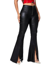 NURO Women's PU Leather Flared Pants with Side Slit