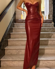 NURO Women's PU Leather Halter Slip Dress - Long Bodycon Dress with Side Slit and Lace-Up Detail, Sexy Evening Gown