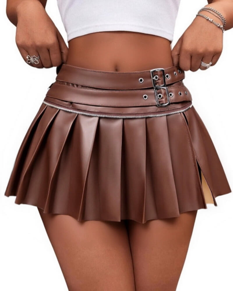 NURO Women's PU Leather Mini Skirt - Sexy Bodycon Pleated Skirt with 3D Effect, Streetwear Night Out Skirt