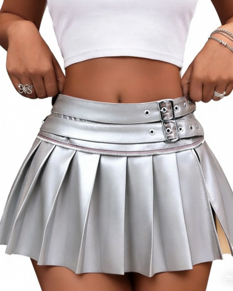 NURO Women's PU Leather Mini Skirt - Sexy Bodycon Pleated Skirt with 3D Effect, Streetwear Night Out Skirt