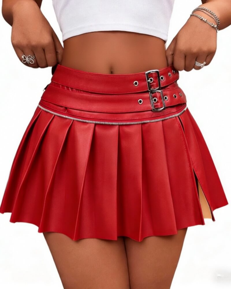 NURO Women's PU Leather Mini Skirt - Sexy Bodycon Pleated Skirt with 3D Effect, Streetwear Night Out Skirt