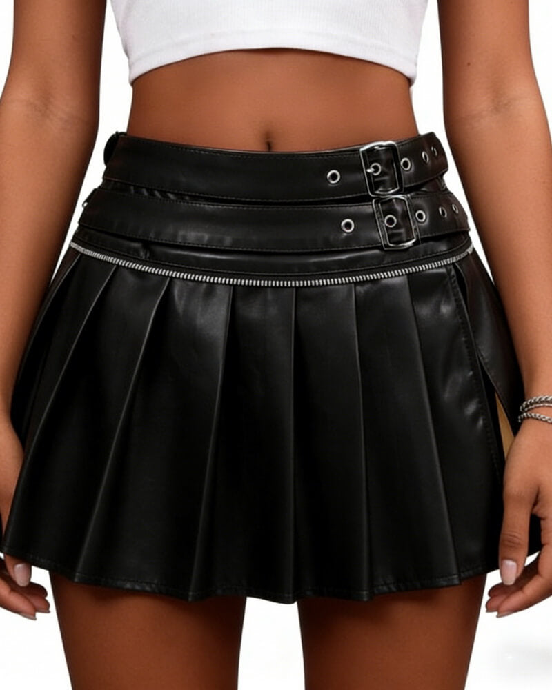 NURO Women's PU Leather Mini Skirt - Sexy Bodycon Pleated Skirt with 3D Effect, Streetwear Night Out Skirt