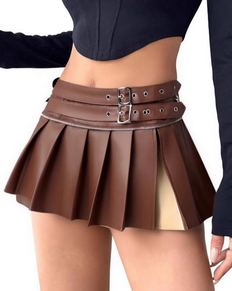 NURO Women's PU Leather Mini Skirt - Sexy Bodycon Pleated Skirt with 3D Effect, Streetwear Night Out Skirt