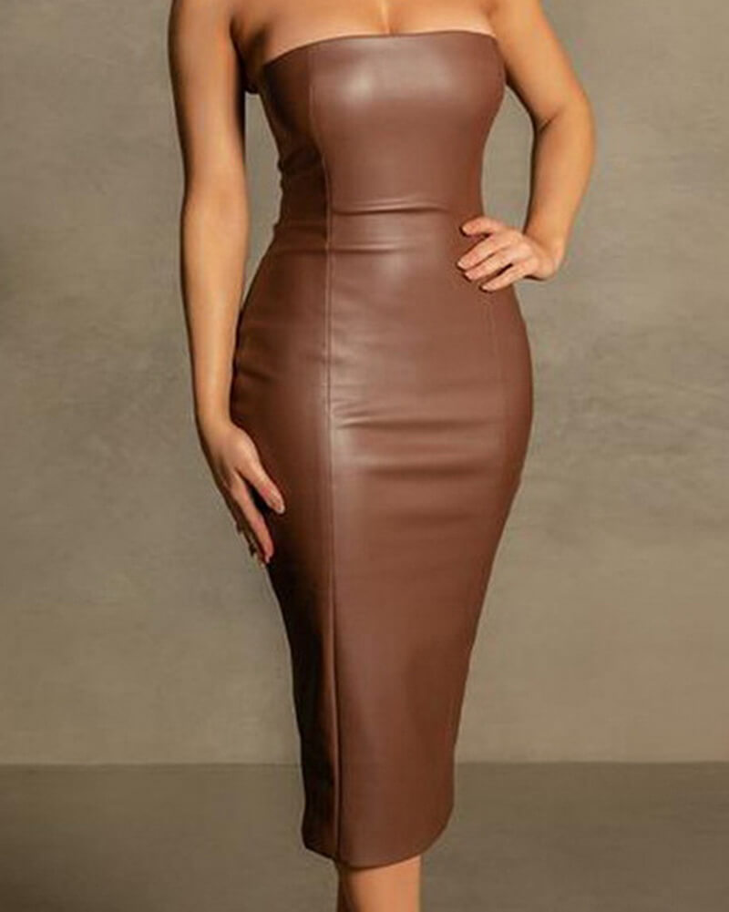 NURO Women's PU Leather Pencil Dress - High Waist Bodycon Midi Dress with Back Slit, Elegant Sexy Evening Gown