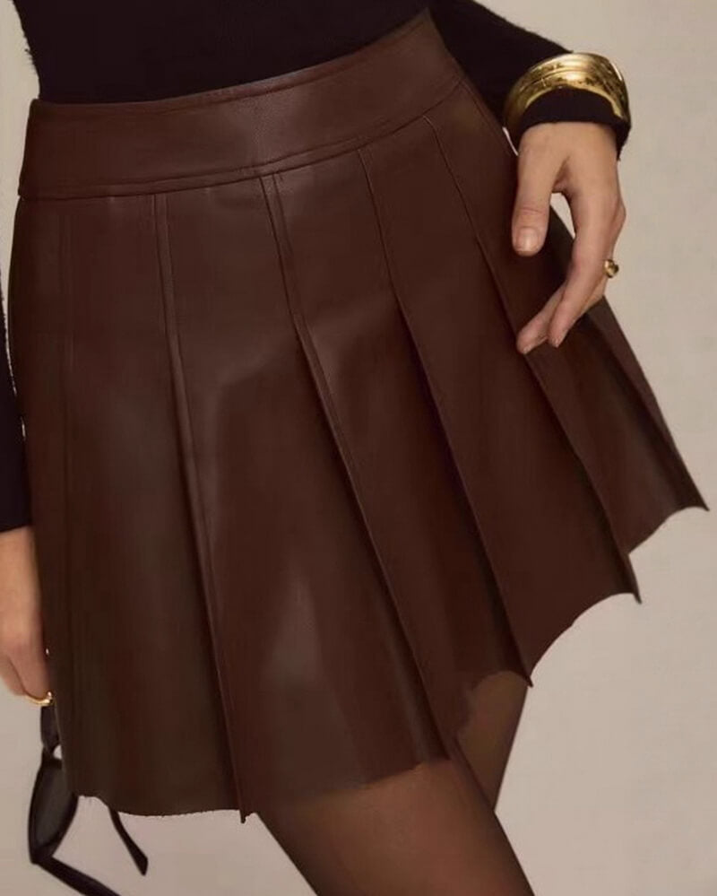 NURO Women's PU Leather Pleated Mini Skirt - High Waist Bodycon Skirt with Plissé Detail, Streetwear Sexy Skirt