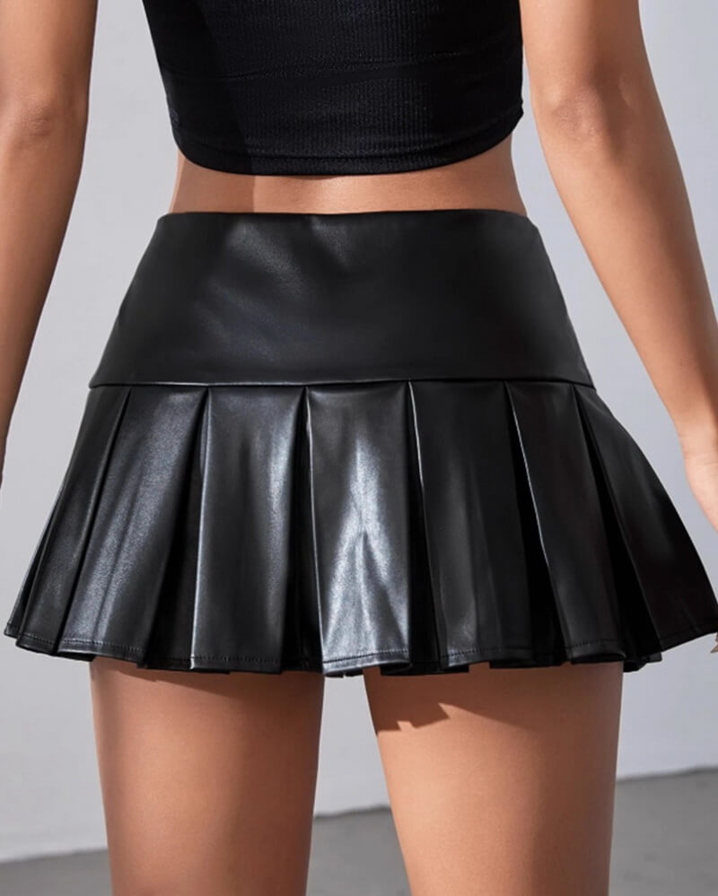 NURO Women's PU Leather Pleated Mini Skirt - High Waist Bodycon Skort with Safety Shorts, Nightclub Sexy Skirt
