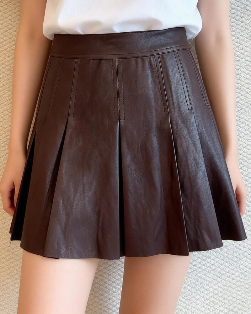 NURO Women's PU Leather Pleated Skirt – High Waist A-Line Mini Skirt