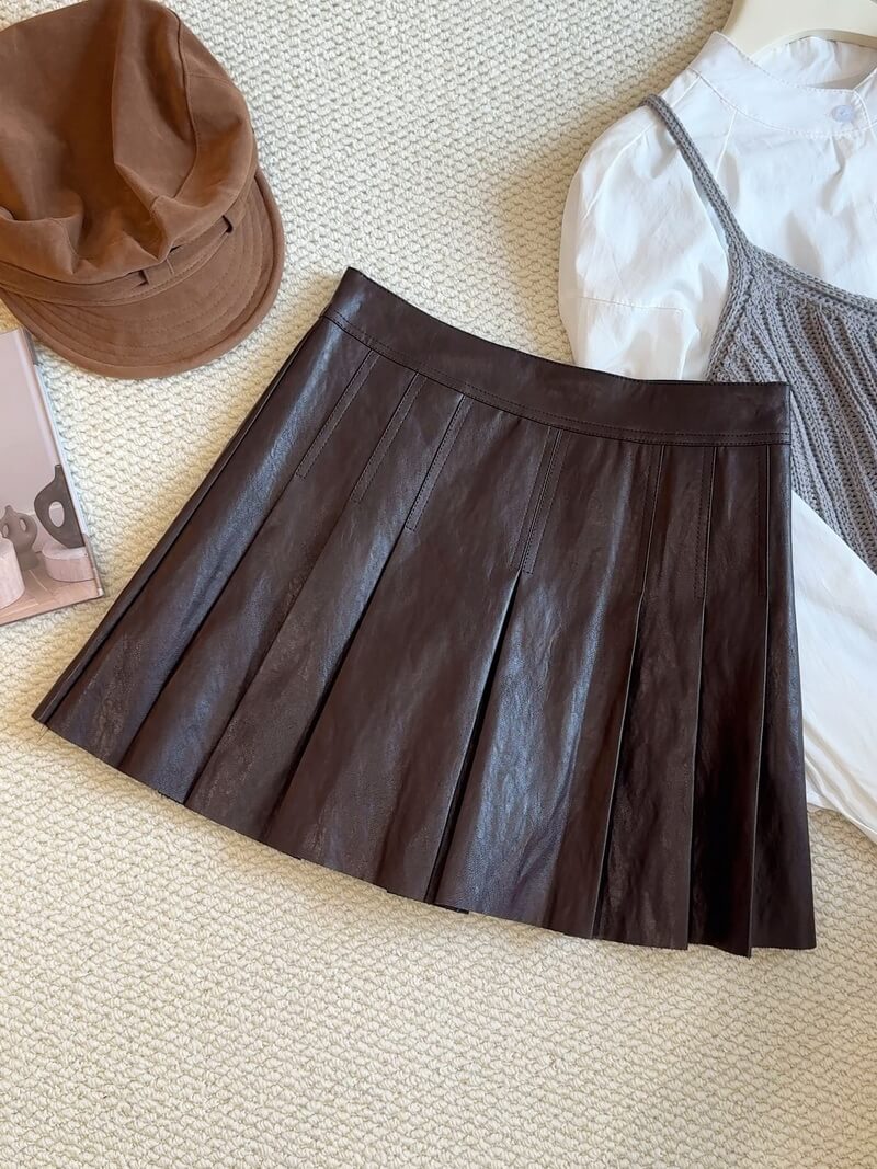 NURO Women's PU Leather Pleated Skirt – High Waist A-Line Mini Skirt