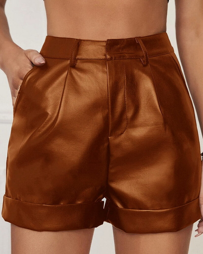 NURO Women's PU Leather Shorts High Waist Casual Biker Shorts Rolled Hem