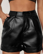 NURO Women's PU Leather Shorts High Waist Casual Biker Shorts Rolled Hem