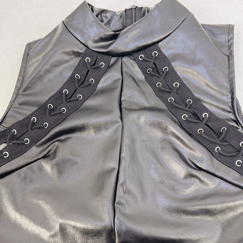 NURO Women's PU Leather Stand Collar Mini Dress - Lace-Up Corset Bodycon Dress, Streetwear Sexy Evening Dress