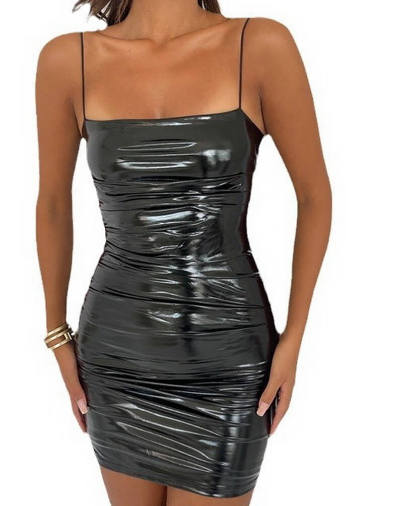 NURO Women's PU Leather Strapless Bodycon Dress - Halter Backless Mini Dress, Sexy Evening and Nightclub Gown