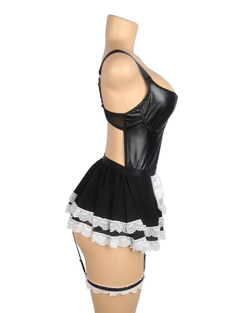 NURO Women's PU Leather & Mesh French Maid Costume Set with Garters